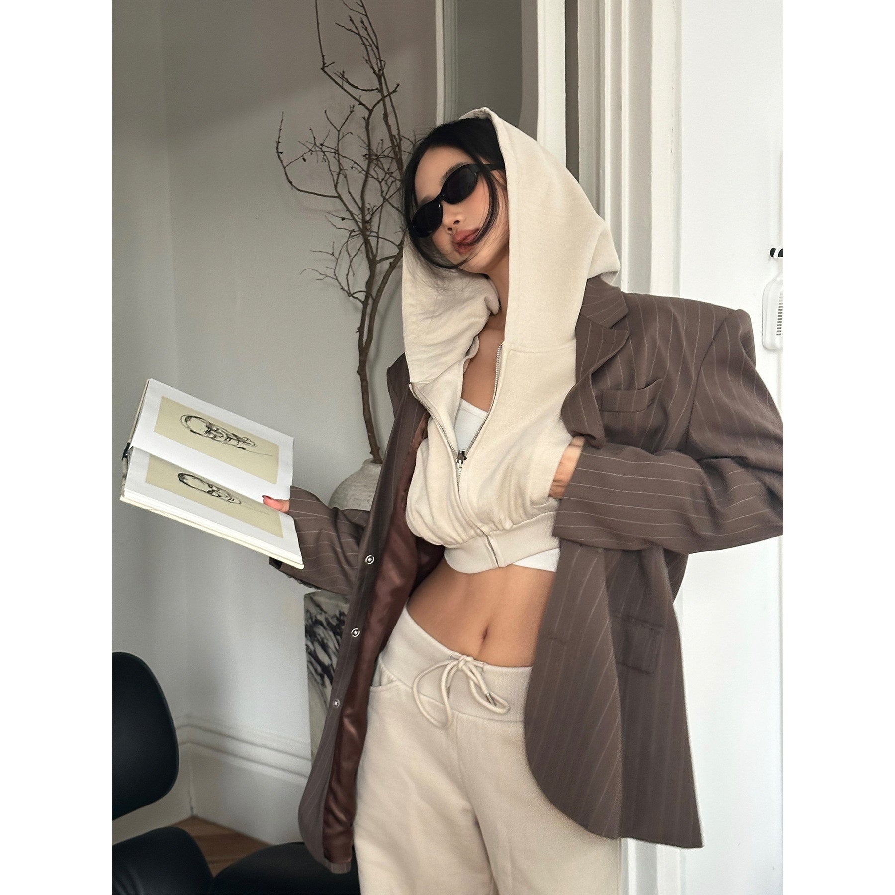 rovente_Khaki_High_Waisted_Zip_Hooded_Long_Sleeve_Women's_Cotton_Blend_Cropped_Hoodies_876119187993_MISSTT