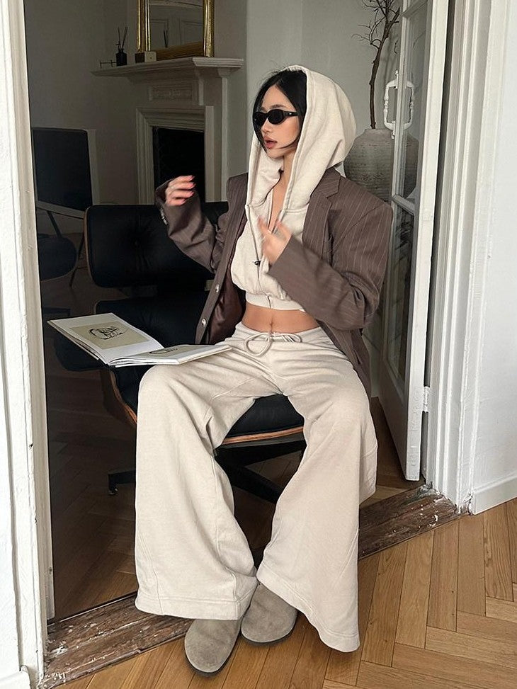 rovente Khaki High Waisted Zip Hooded Long Sleeve Women's Cotton Blend Cropped Hoodies