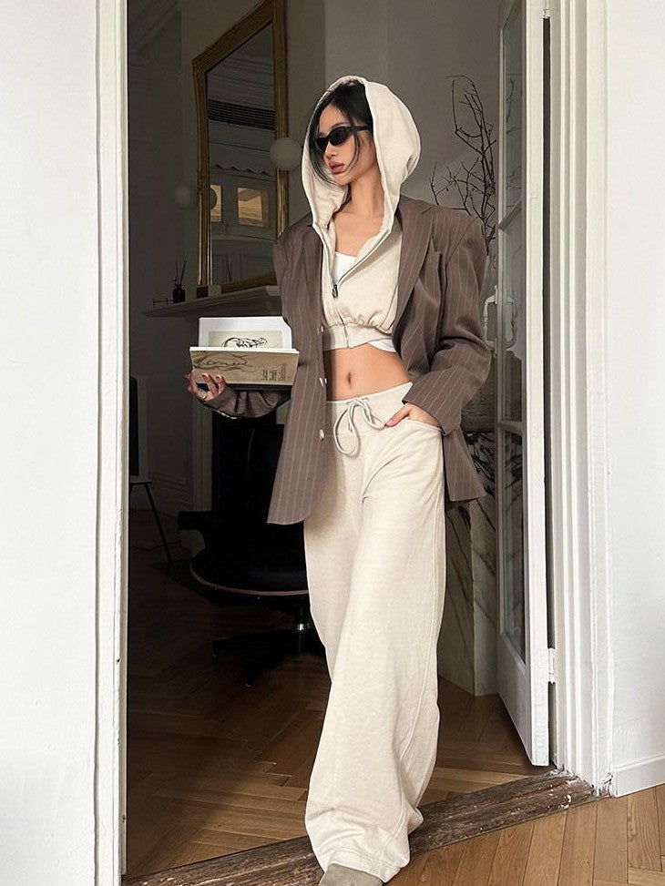 rovente Khaki High Waisted Zip Hooded Long Sleeve Women's Cotton Blend Cropped Hoodies