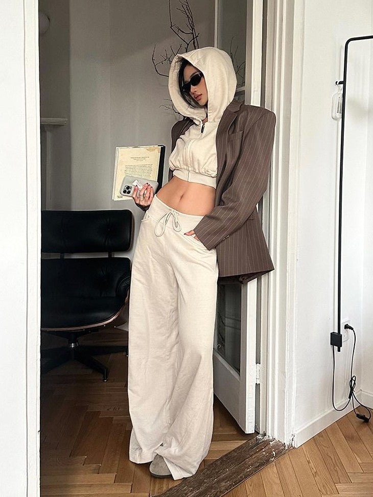 rovente Khaki High Waisted Zip Hooded Long Sleeve Women's Cotton Blend Cropped Hoodies