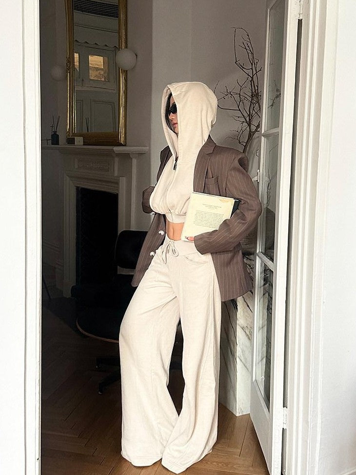 rovente Khaki High Waisted Zip Hooded Long Sleeve Women's Cotton Blend Cropped Hoodies