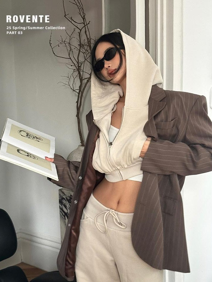rovente Khaki High Waisted Zip Hooded Long Sleeve Women's Cotton Blend Cropped Hoodies
