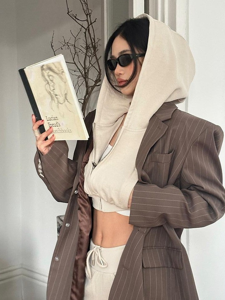 rovente Khaki High Waisted Zip Hooded Long Sleeve Women's Cotton Blend Cropped Hoodies