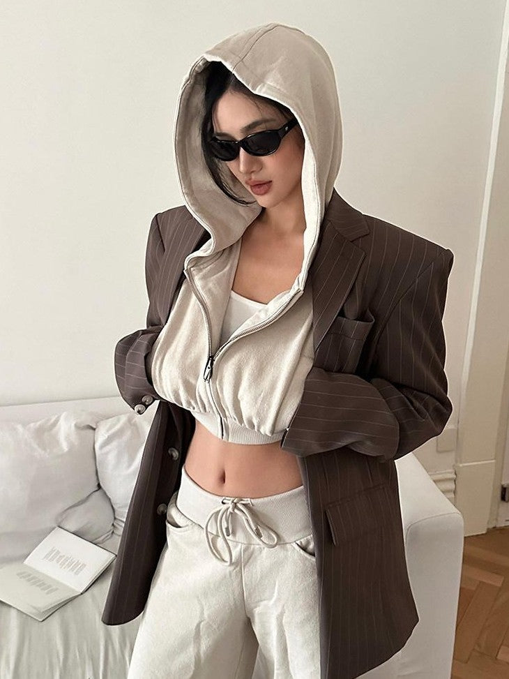 rovente Khaki High Waisted Zip Hooded Long Sleeve Women's Cotton Blend Cropped Hoodies