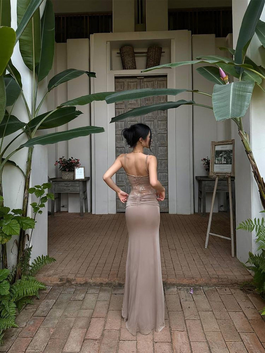 rovente Khaki Lace Spliced Mermaid Cinch Waist Spaghetti Women's Bodycon Maxi Dresses