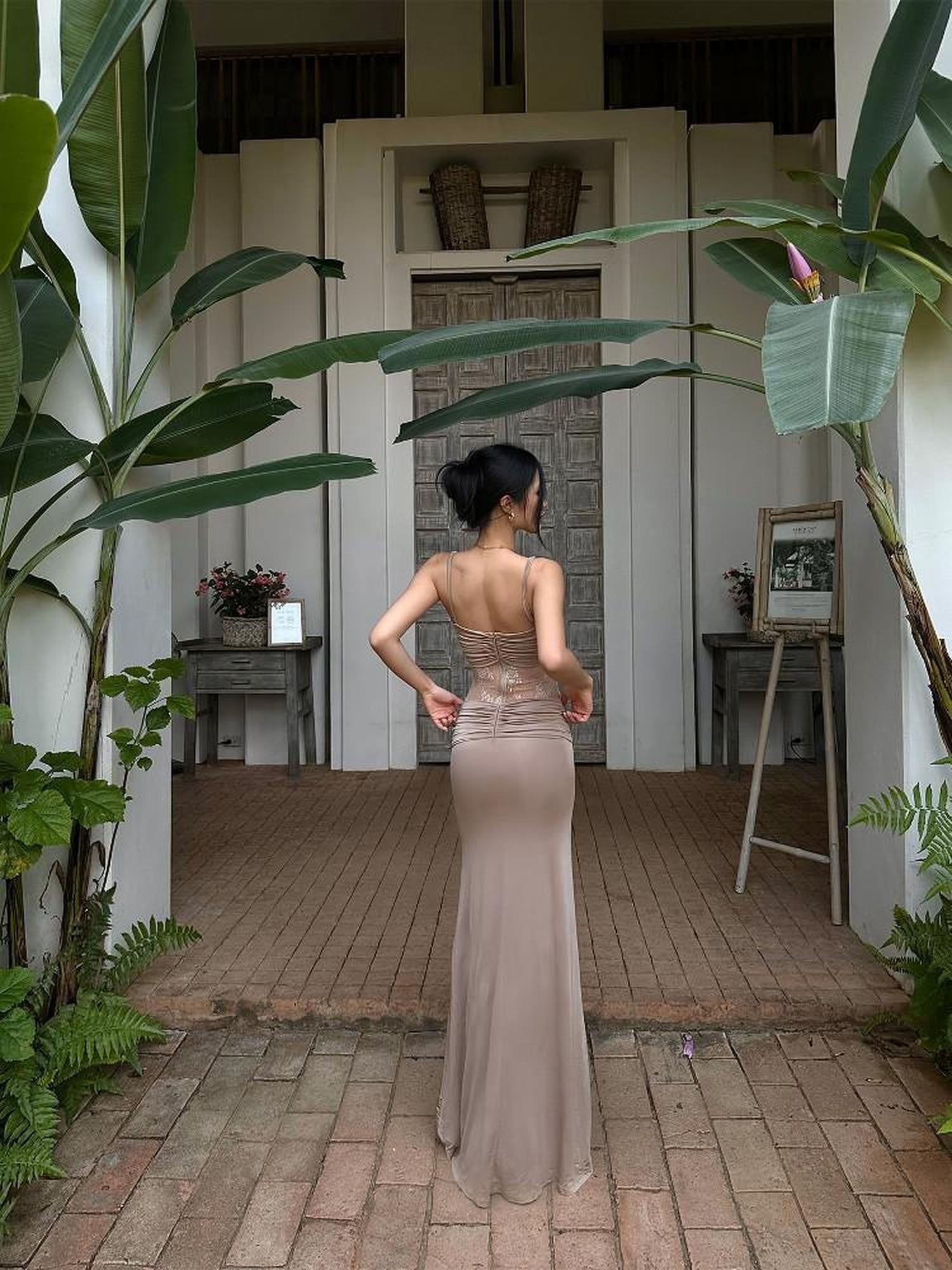 rovente Khaki Lace Spliced Mermaid Cinch Waist Spaghetti Women's Bodycon Maxi Dresses