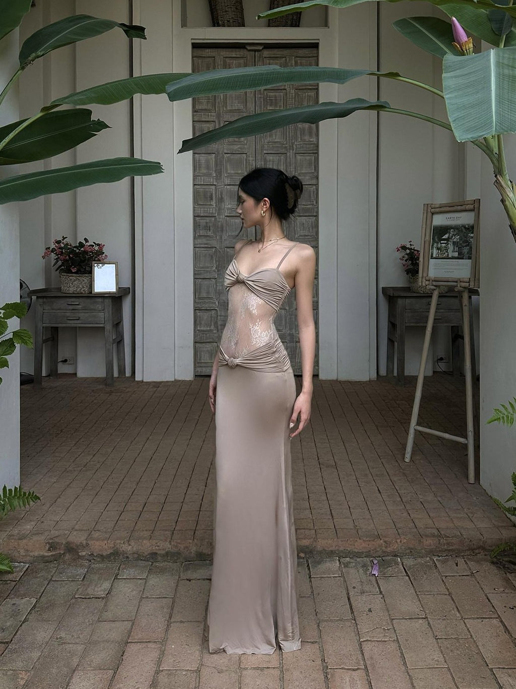 rovente Khaki Lace Spliced Mermaid Cinch Waist Spaghetti Women's Bodycon Maxi Dresses