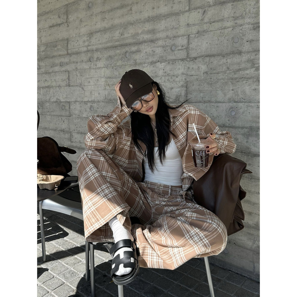 rovente_Khaki_Plaid_Loose_Woven_Wide_Leg_Women's_Cotton_Casual_Top_&_Pants_Sets_978470557314_MISSTT