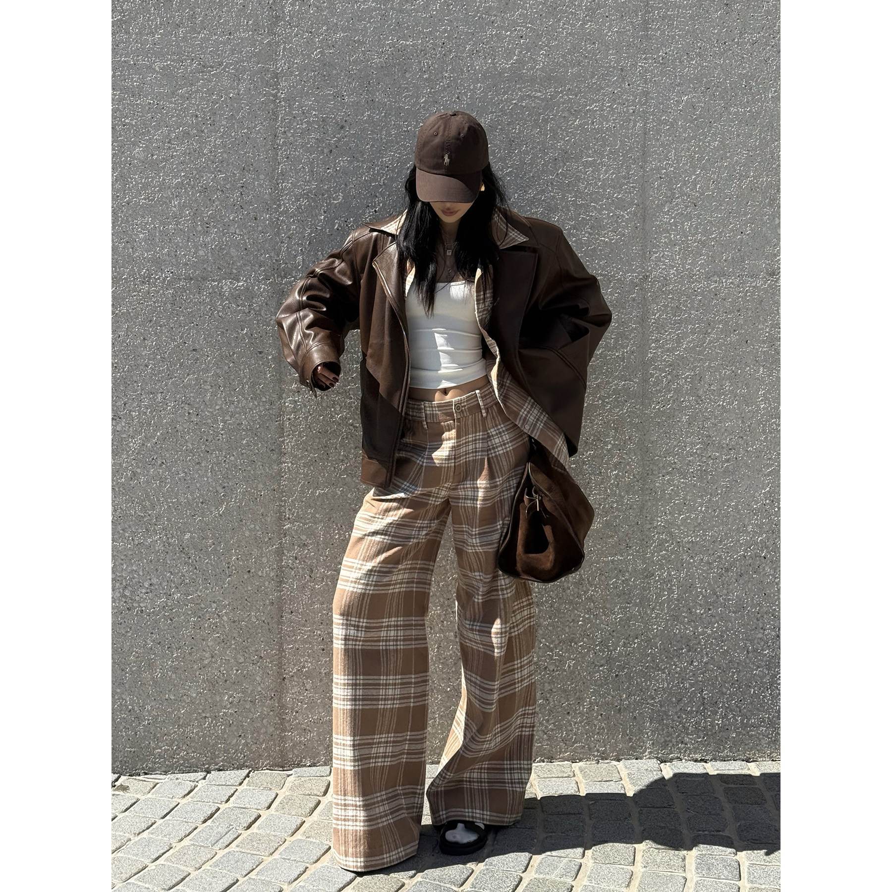 rovente_Khaki_Plaid_Loose_Woven_Wide_Leg_Women's_Cotton_Casual_Top_&_Pants_Sets_978470557314_MISSTT