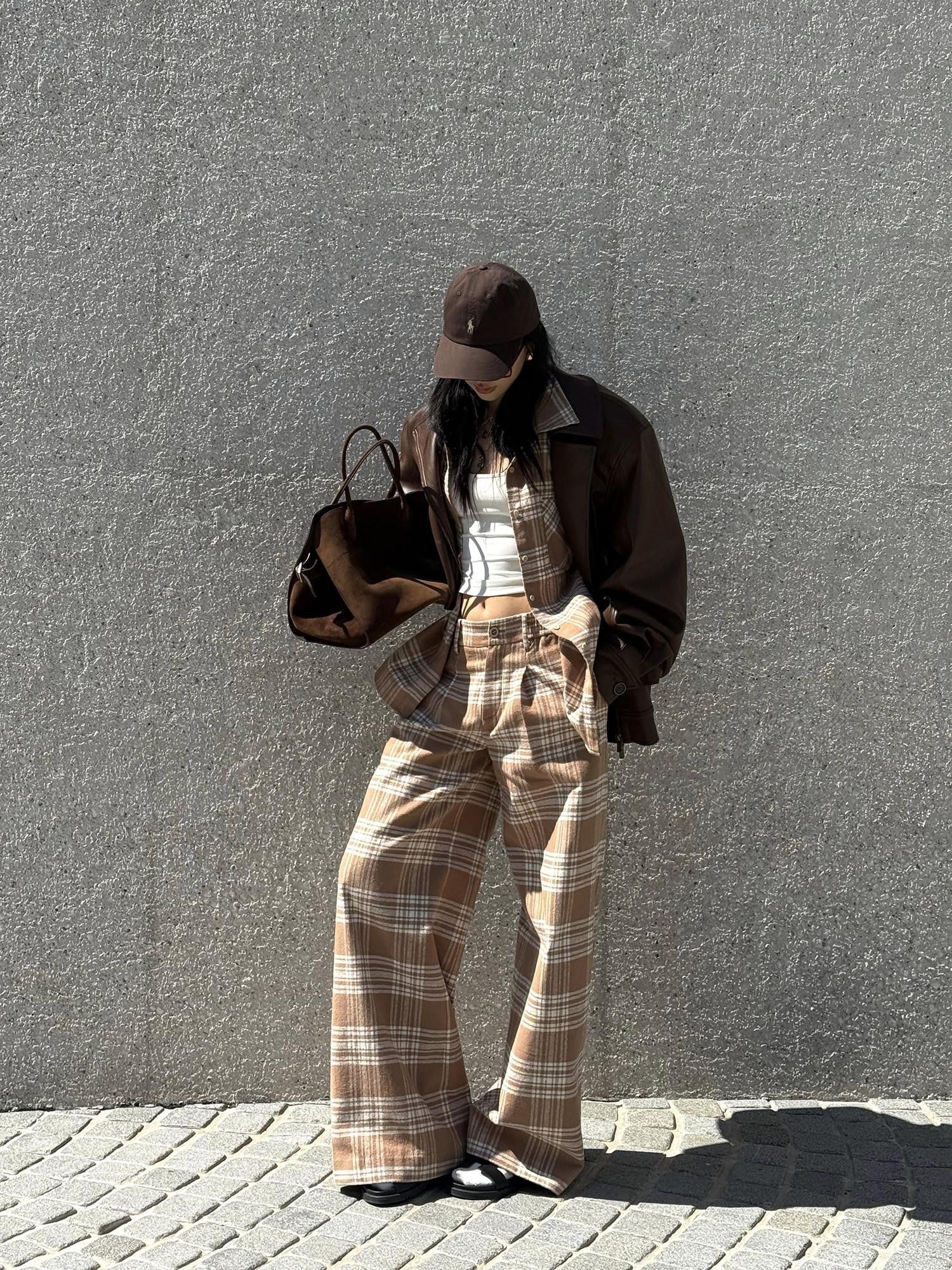 rovente Khaki Plaid Loose Woven Wide Leg Women's Cotton Casual Top & Pants Sets