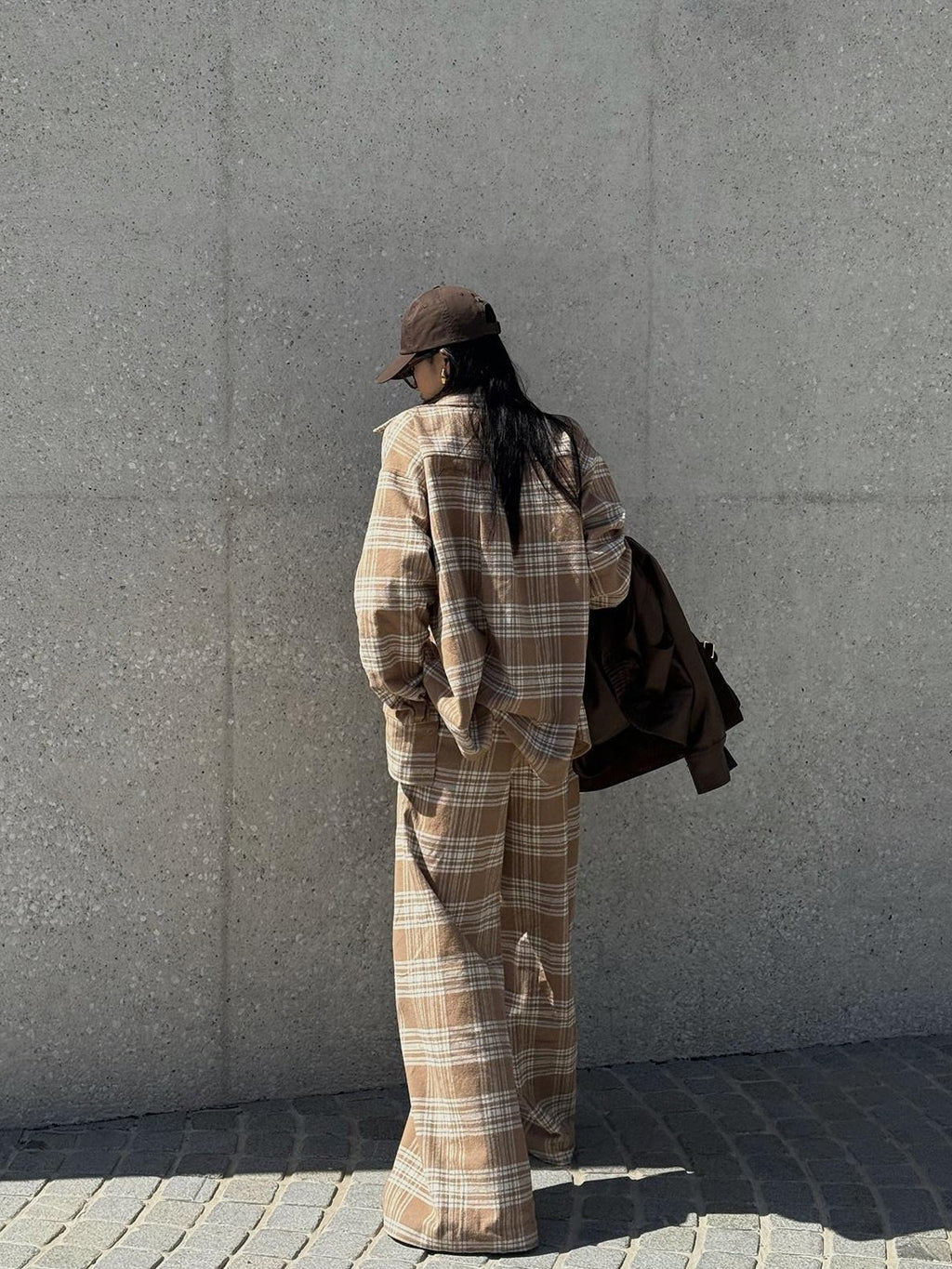 rovente Khaki Plaid Loose Woven Wide Leg Women's Cotton Casual Top & Pants Sets