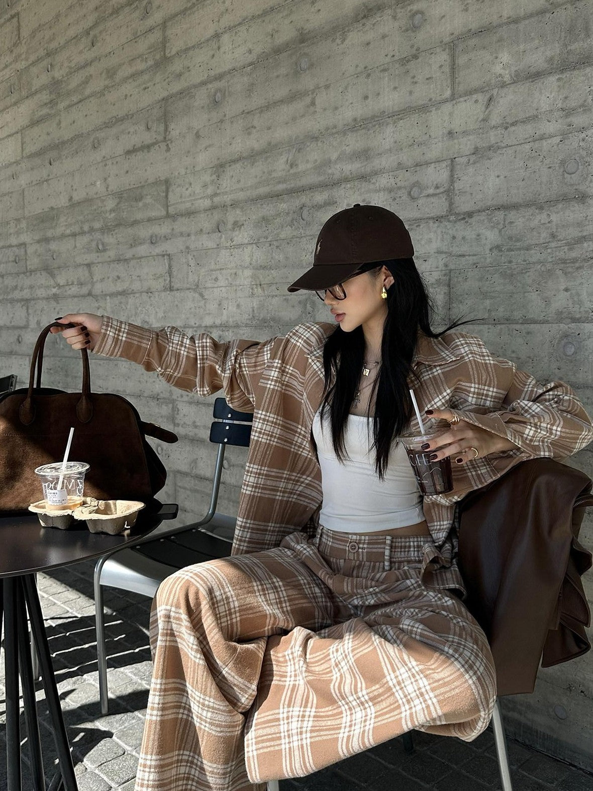 rovente Khaki Plaid Loose Woven Wide Leg Women's Cotton Casual Top & Pants Sets