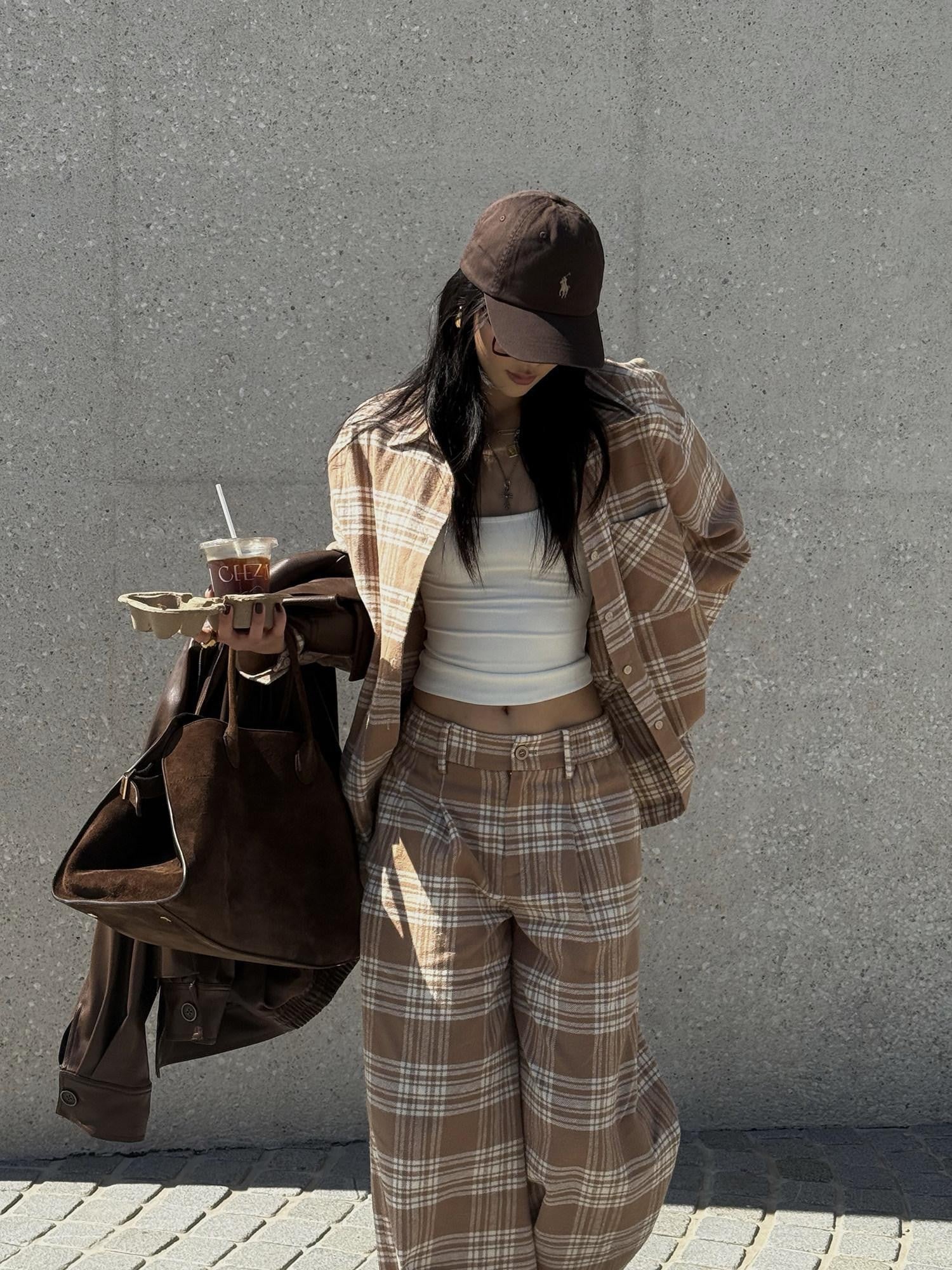 rovente Khaki Plaid Loose Woven Wide Leg Women's Cotton Casual Top & Pants Sets