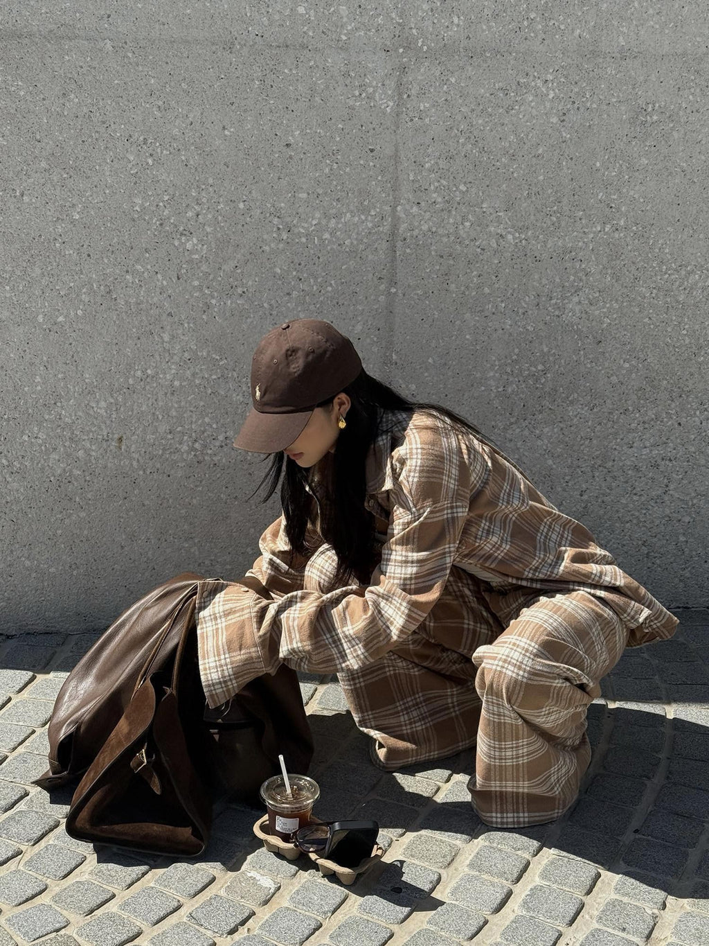 rovente Khaki Plaid Loose Woven Wide Leg Women's Cotton Casual Top & Pants Sets
