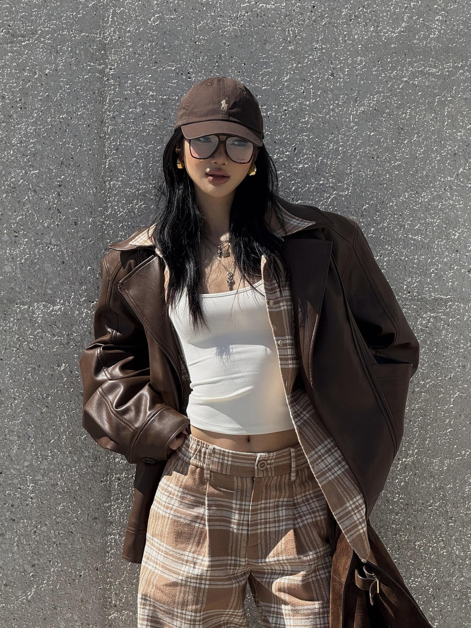 rovente Khaki Plaid Loose Woven Wide Leg Women's Cotton Casual Top & Pants Sets