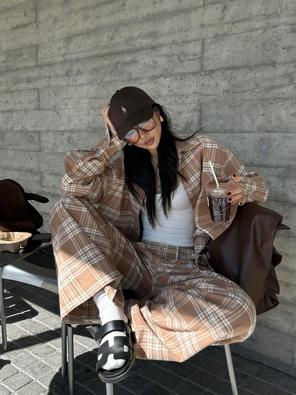 rovente Khaki Plaid Loose Woven Wide Leg Women's Cotton Casual Top & Pants Sets