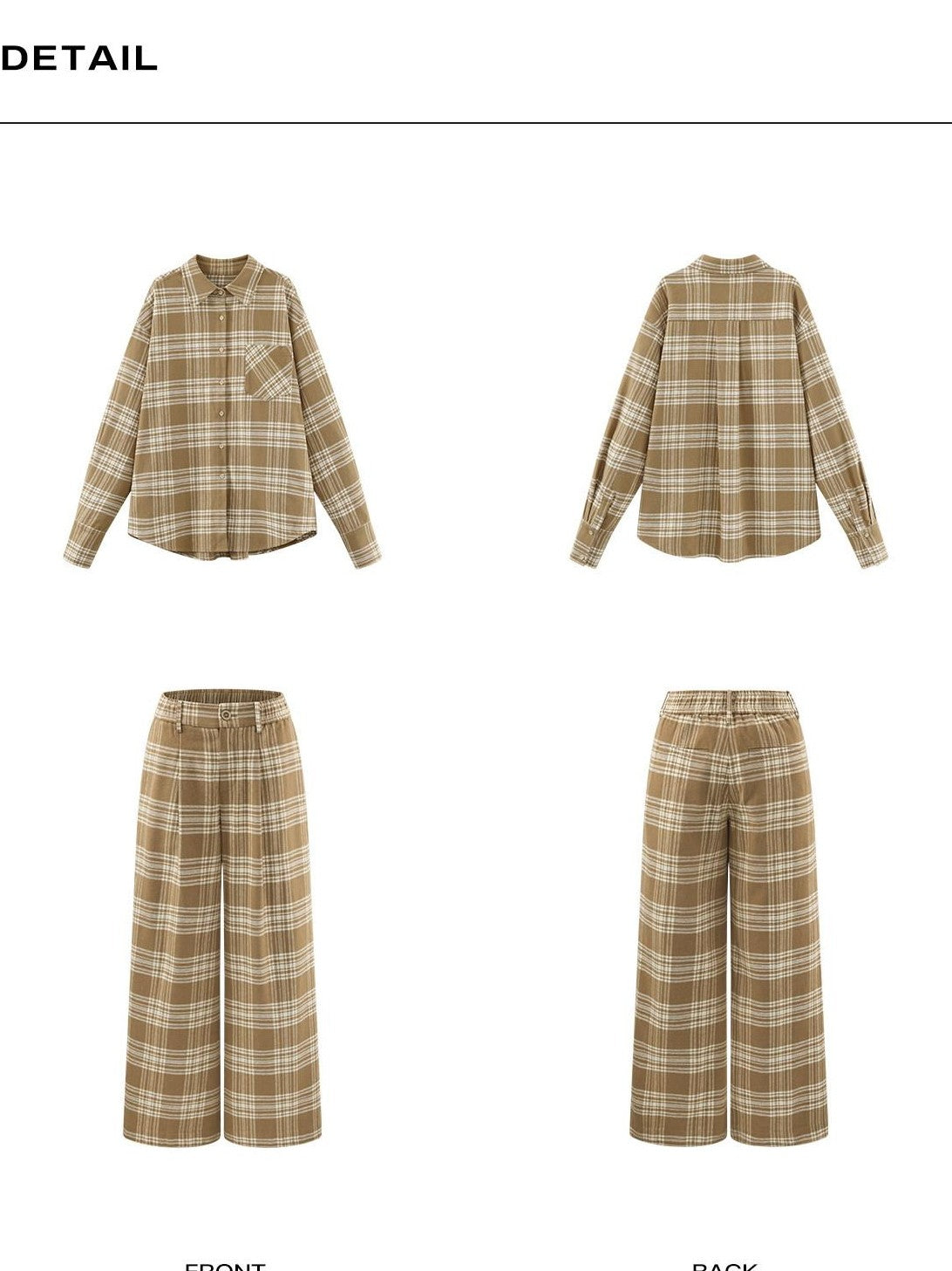 rovente Khaki Plaid Loose Woven Wide Leg Women's Cotton Casual Top & Pants Sets