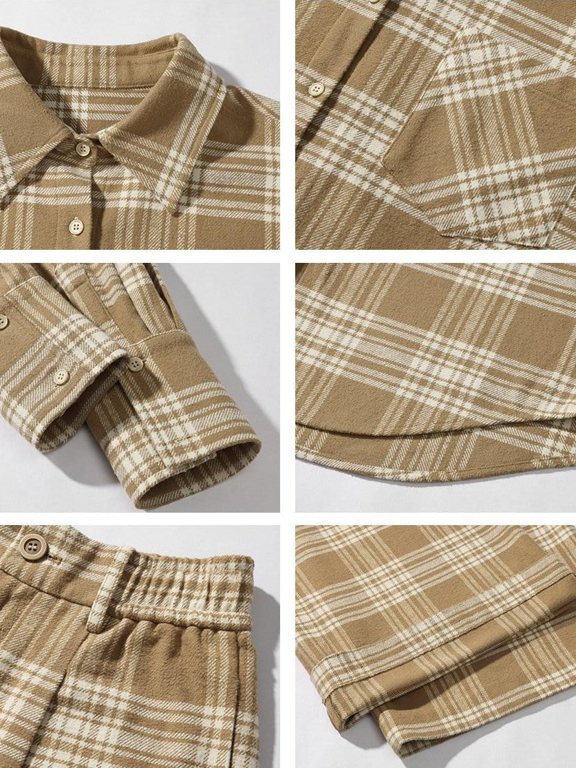 rovente Khaki Plaid Loose Woven Wide Leg Women's Cotton Casual Top & Pants Sets