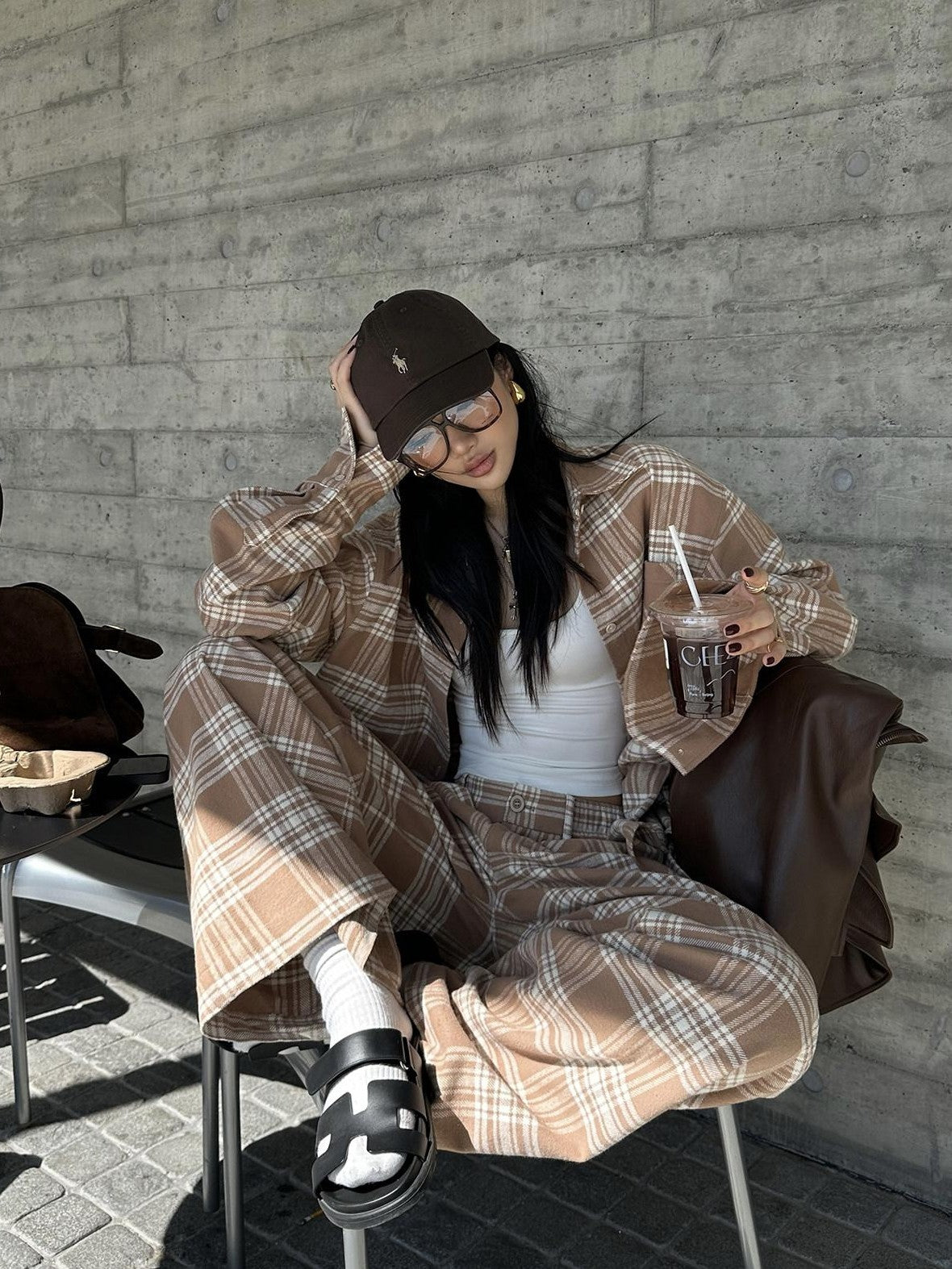 rovente Khaki Plaid Loose Woven Wide Leg Women's Cotton Casual Top & Pants Sets