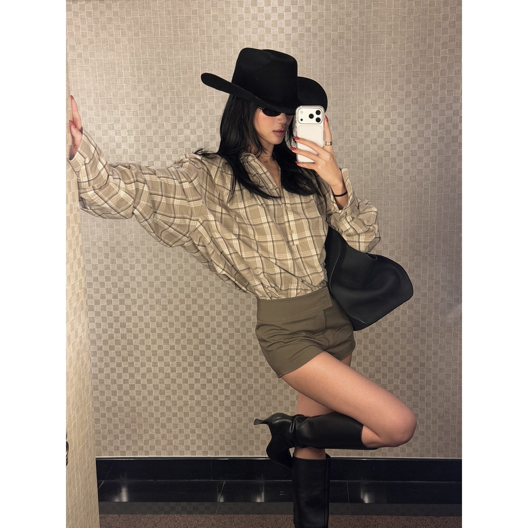 rovente_Khaki_Plaid_V-neck_Tie_Front_Long_Sleeve_Women's_Cotton_Oversized_Shirts_1015297548163_MISSTT