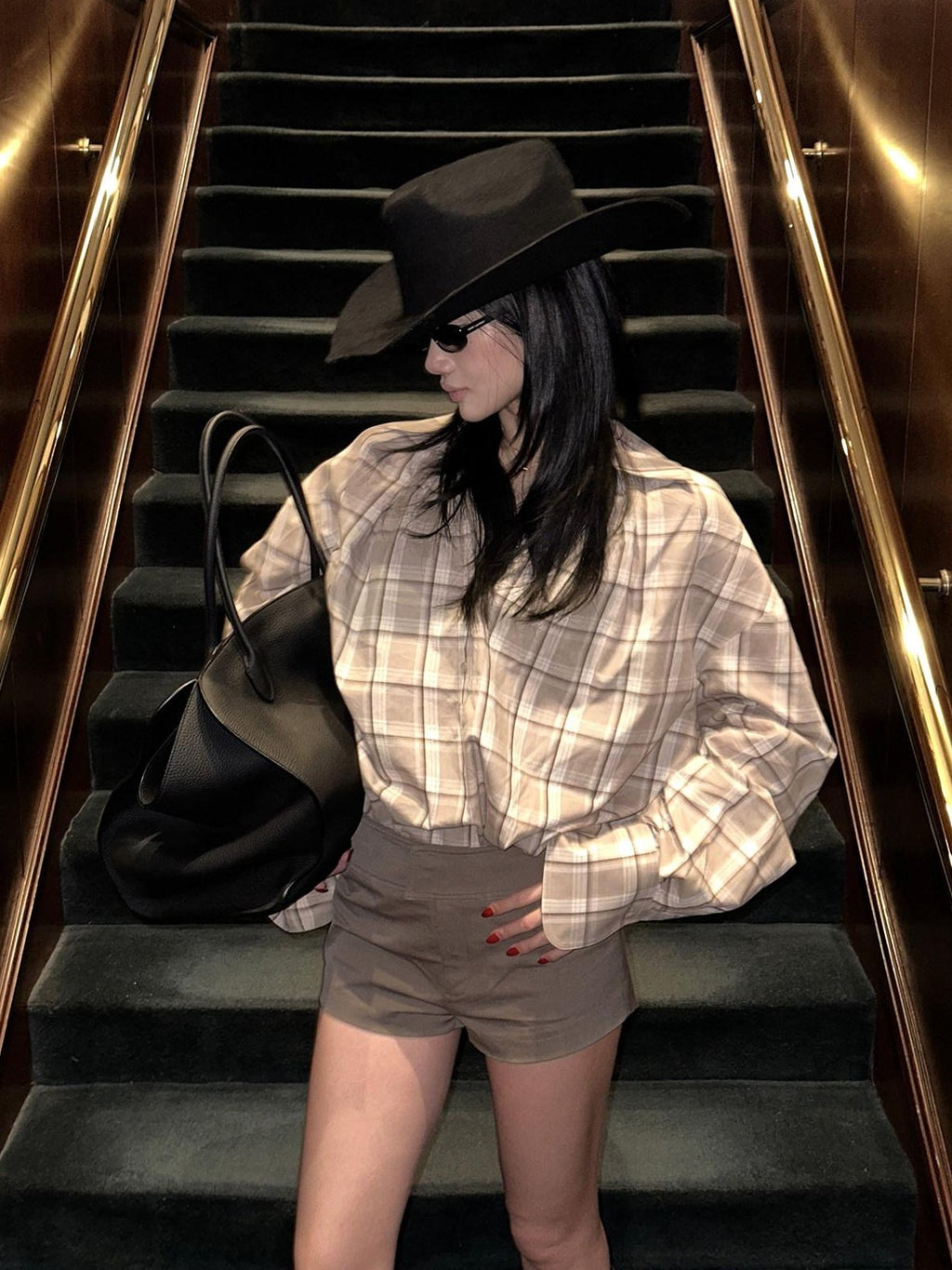rovente Khaki Plaid V-neck Tie Front Long Sleeve Women's Cotton Oversized Shirts