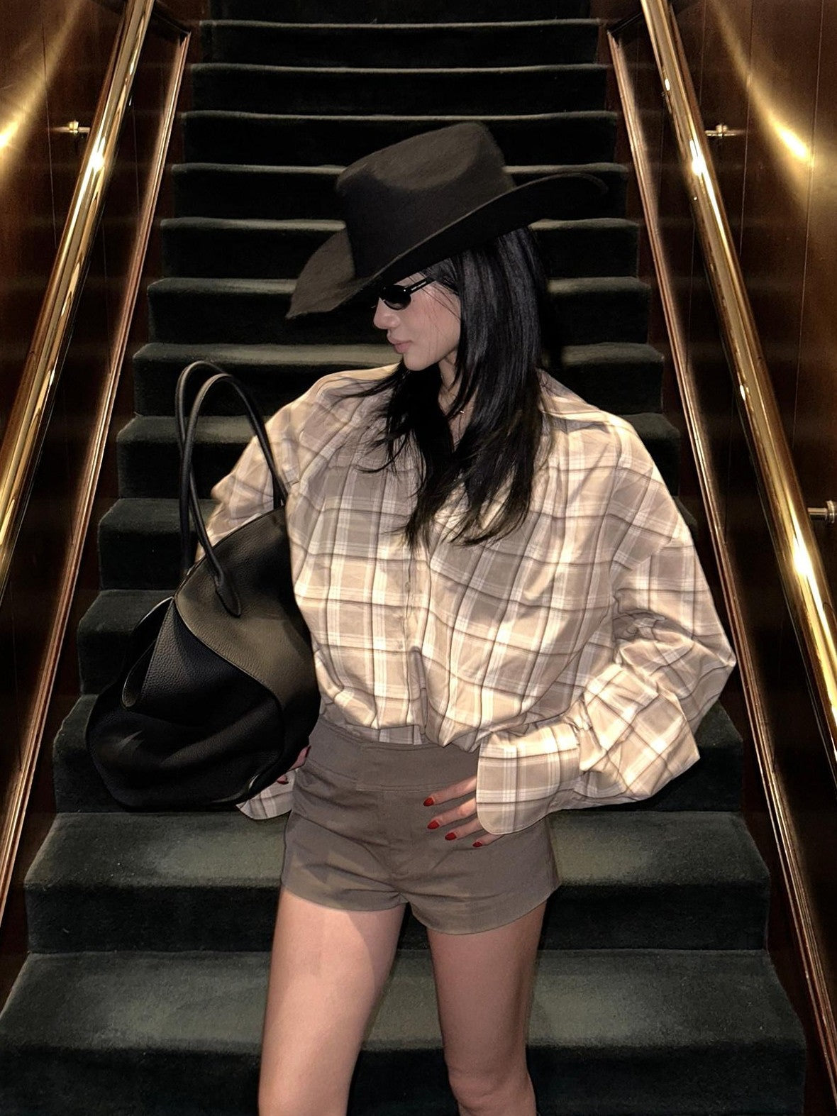 rovente Khaki Plaid V-neck Tie Front Long Sleeve Women's Cotton Oversized Shirts