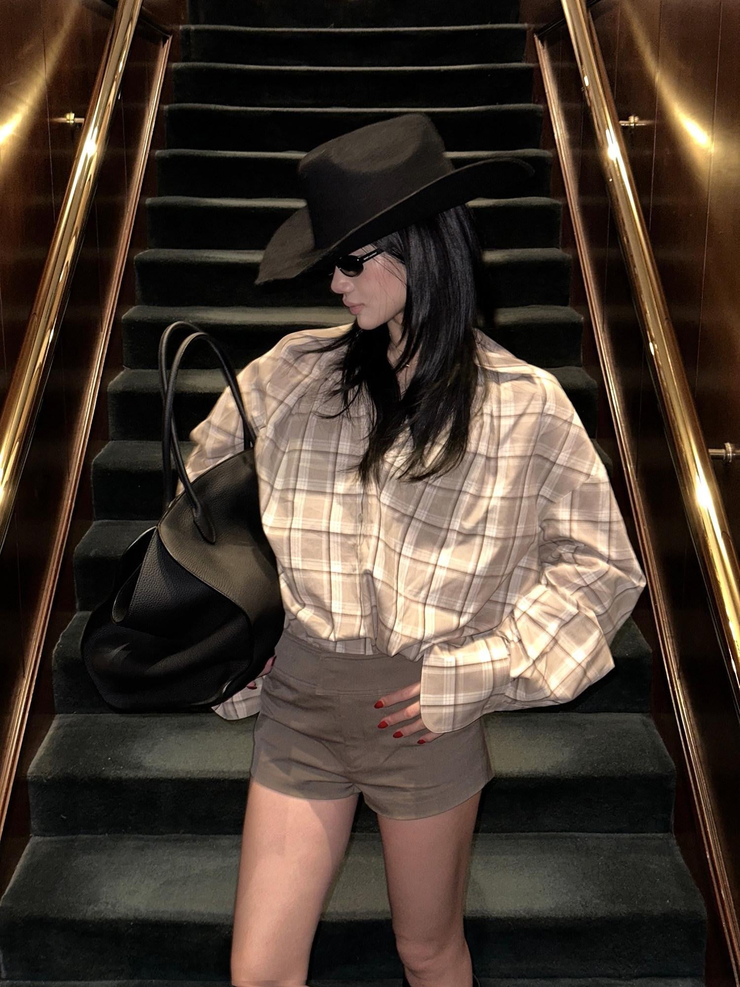 rovente Khaki Plaid V-neck Tie Front Long Sleeve Women's Cotton Oversized Shirts