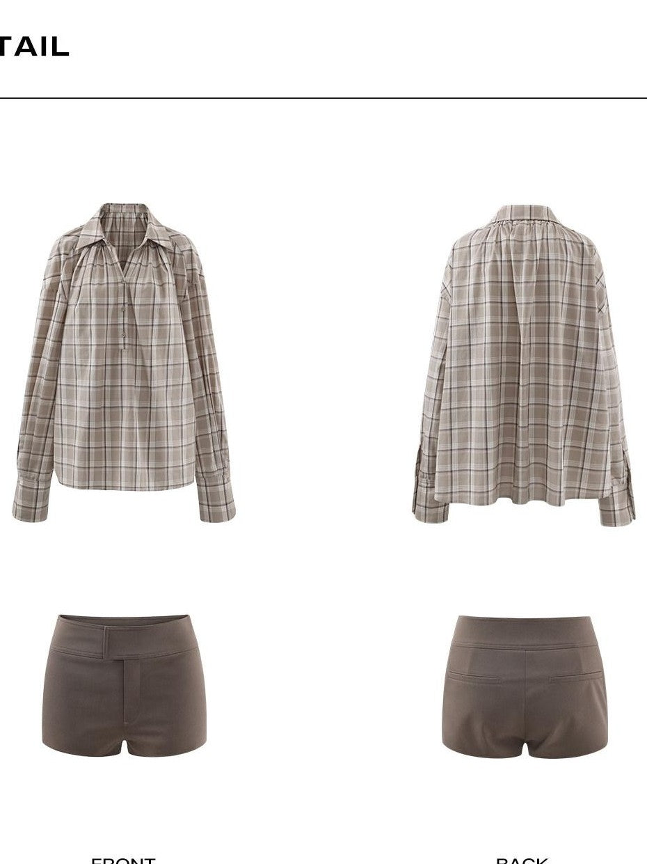 rovente Khaki Plaid V-neck Tie Front Long Sleeve Women's Cotton Oversized Shirts