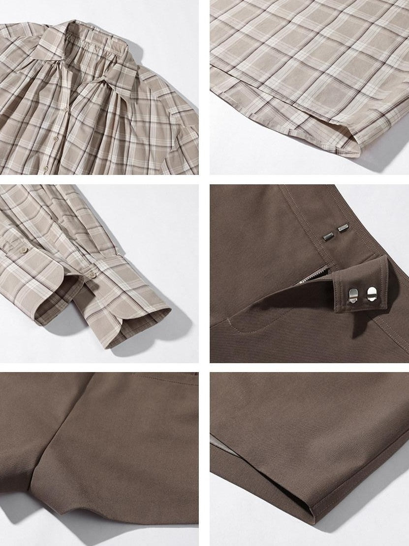 rovente Khaki Plaid V-neck Tie Front Long Sleeve Women's Cotton Oversized Shirts