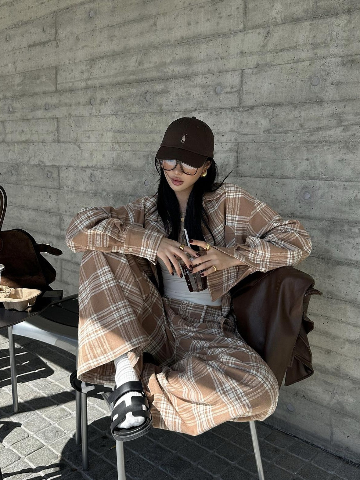 rovente Khaki Plaid Zip Fly Loose Natural Waist Women's Woven Cotton Wide-leg Pants