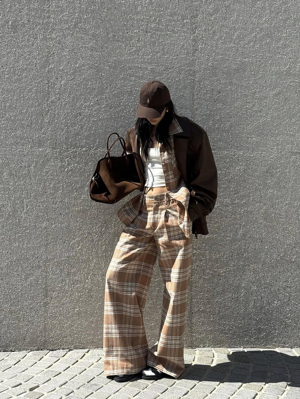 rovente Khaki Plaid Zip Fly Loose Natural Waist Women's Woven Cotton Wide-leg Pants