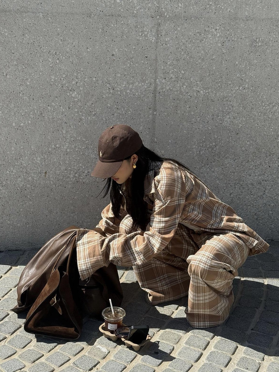 rovente Khaki Plaid Zip Fly Loose Natural Waist Women's Woven Cotton Wide-leg Pants