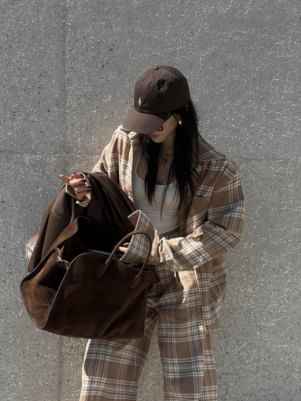 rovente Khaki Plaid Zip Fly Loose Natural Waist Women's Woven Cotton Wide-leg Pants