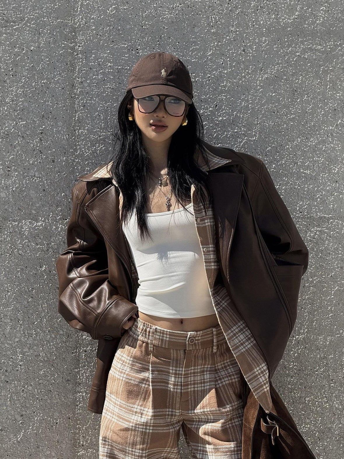 rovente Khaki Plaid Zip Fly Loose Natural Waist Women's Woven Cotton Wide-leg Pants