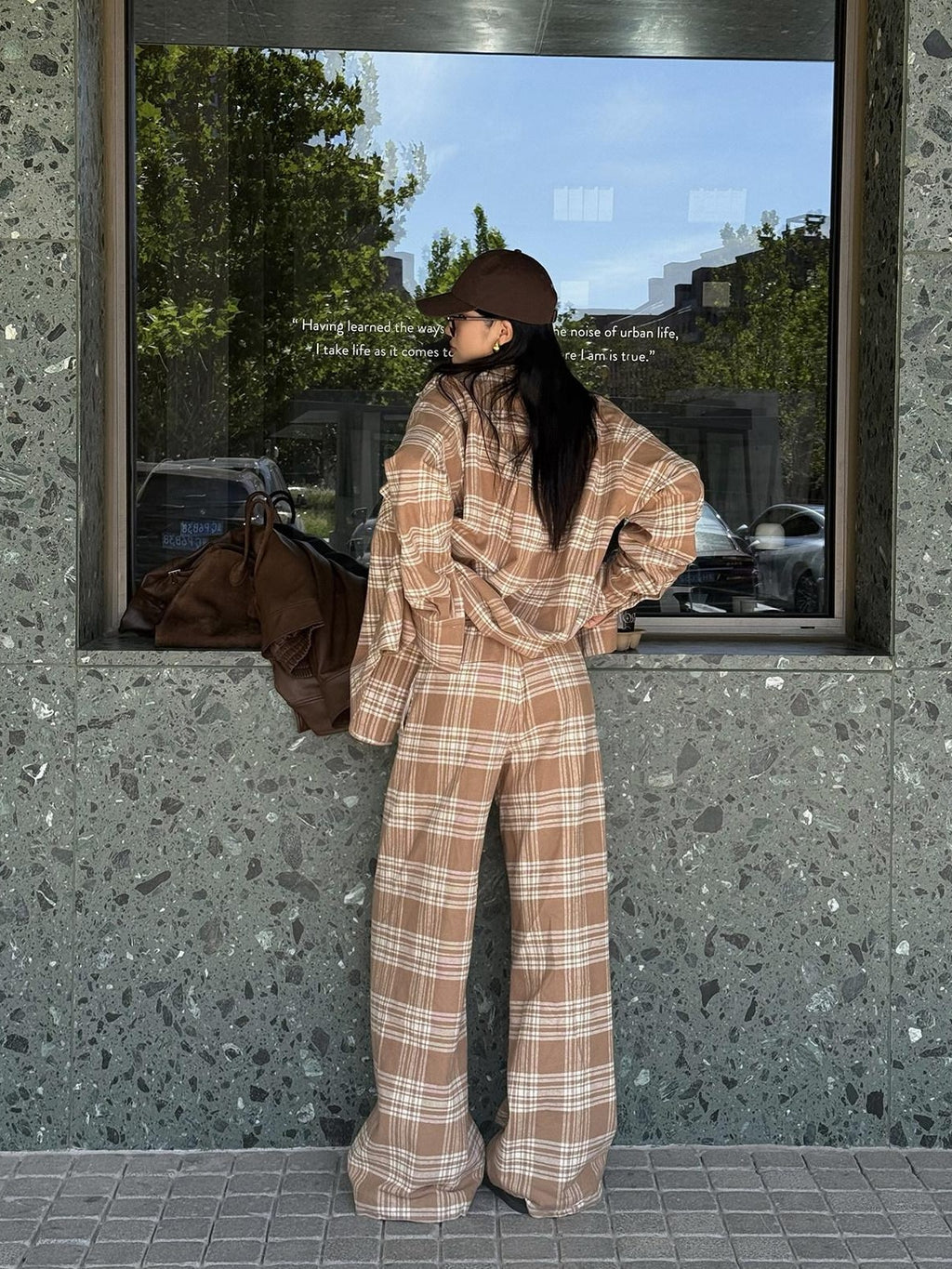 rovente Khaki Plaid Zip Fly Loose Natural Waist Women's Woven Cotton Wide-leg Pants