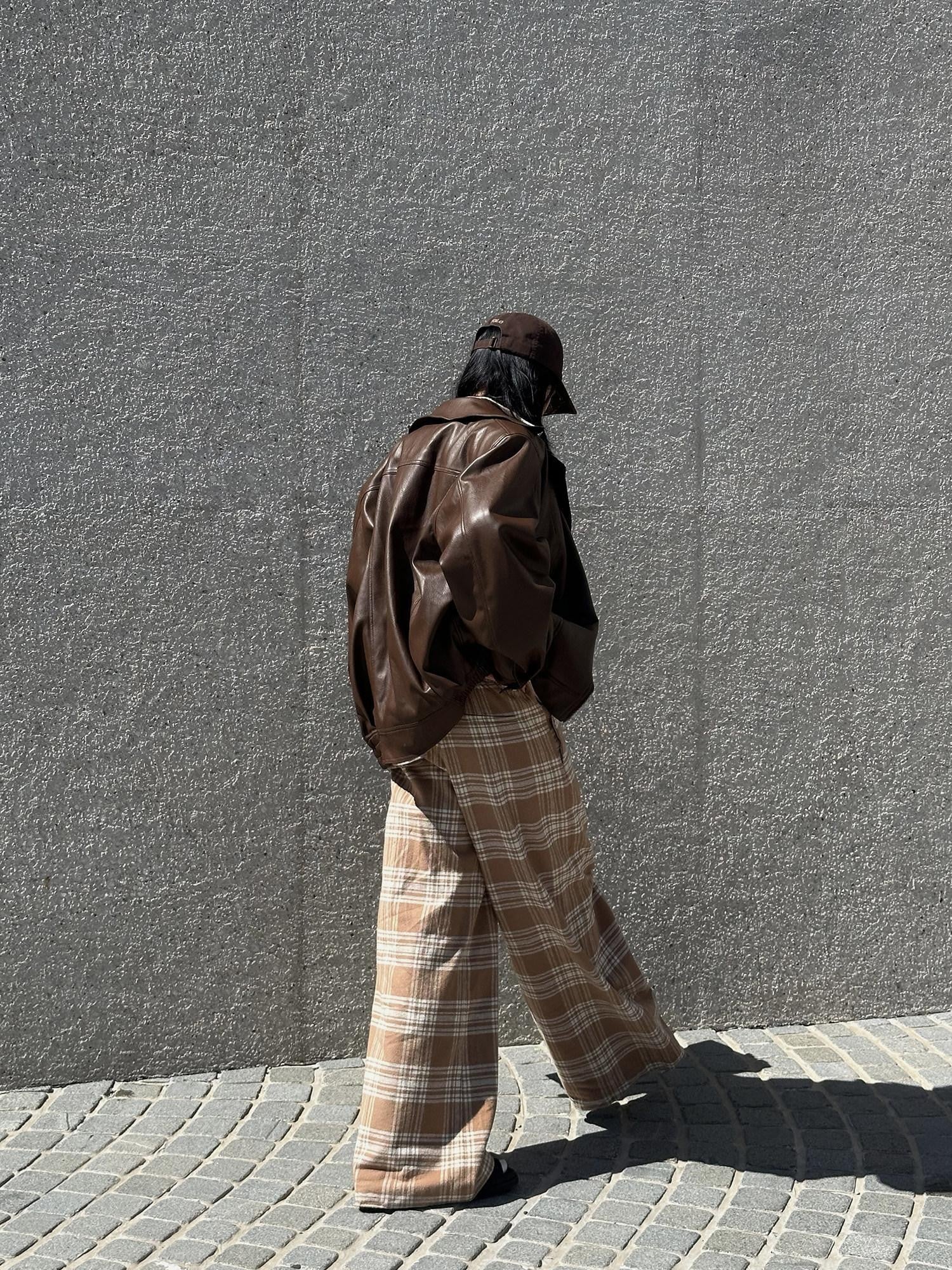 rovente Khaki Plaid Zip Fly Loose Natural Waist Women's Woven Cotton Wide-leg Pants
