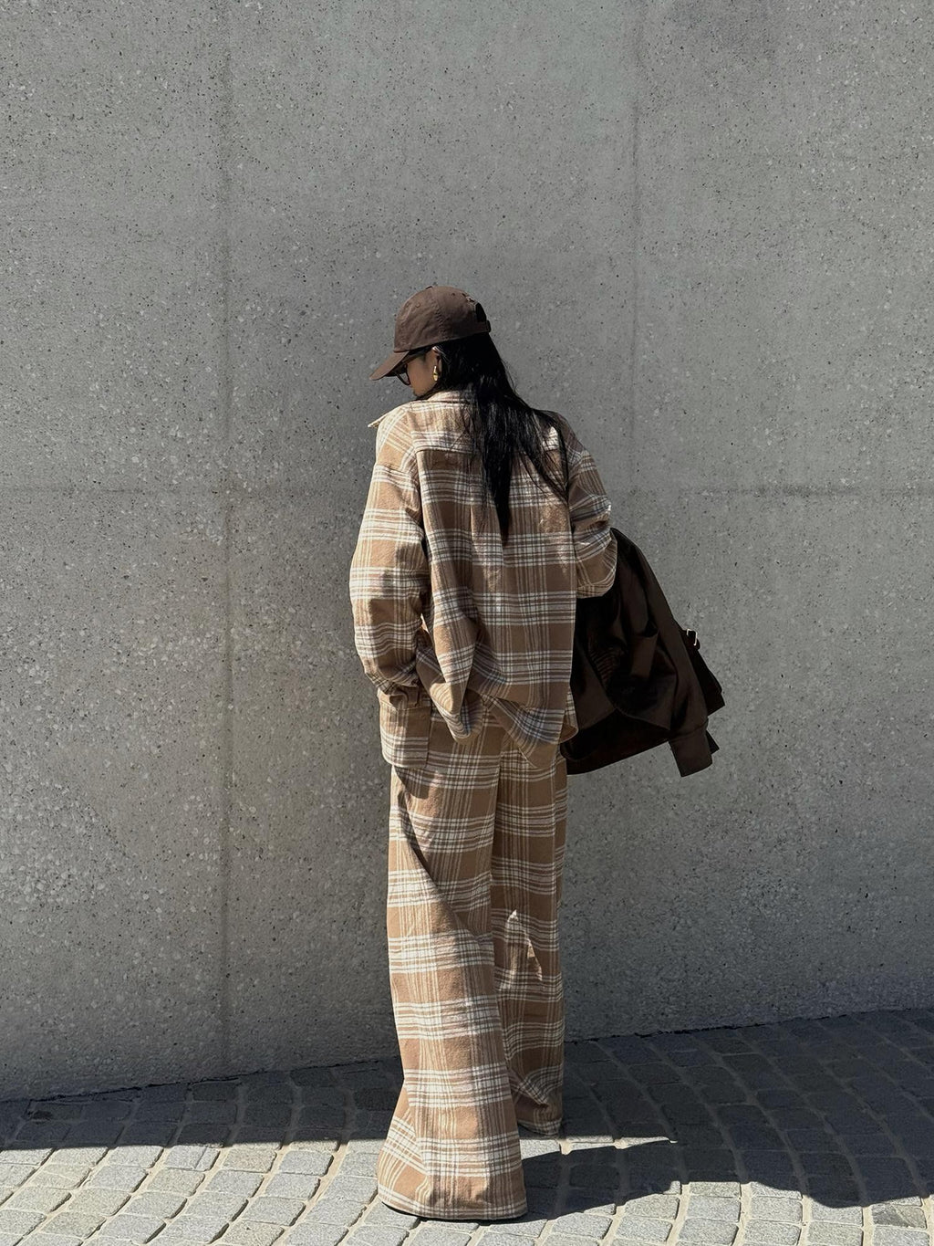 rovente Khaki Plaid Zip Fly Loose Natural Waist Women's Woven Cotton Wide-leg Pants