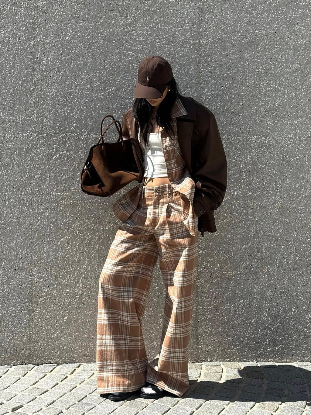 rovente Khaki Plaid Zip Fly Loose Natural Waist Women's Woven Cotton Wide-leg Pants