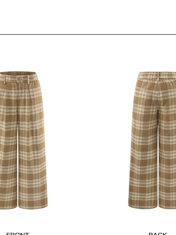 rovente Khaki Plaid Zip Fly Loose Natural Waist Women's Woven Cotton Wide-leg Pants