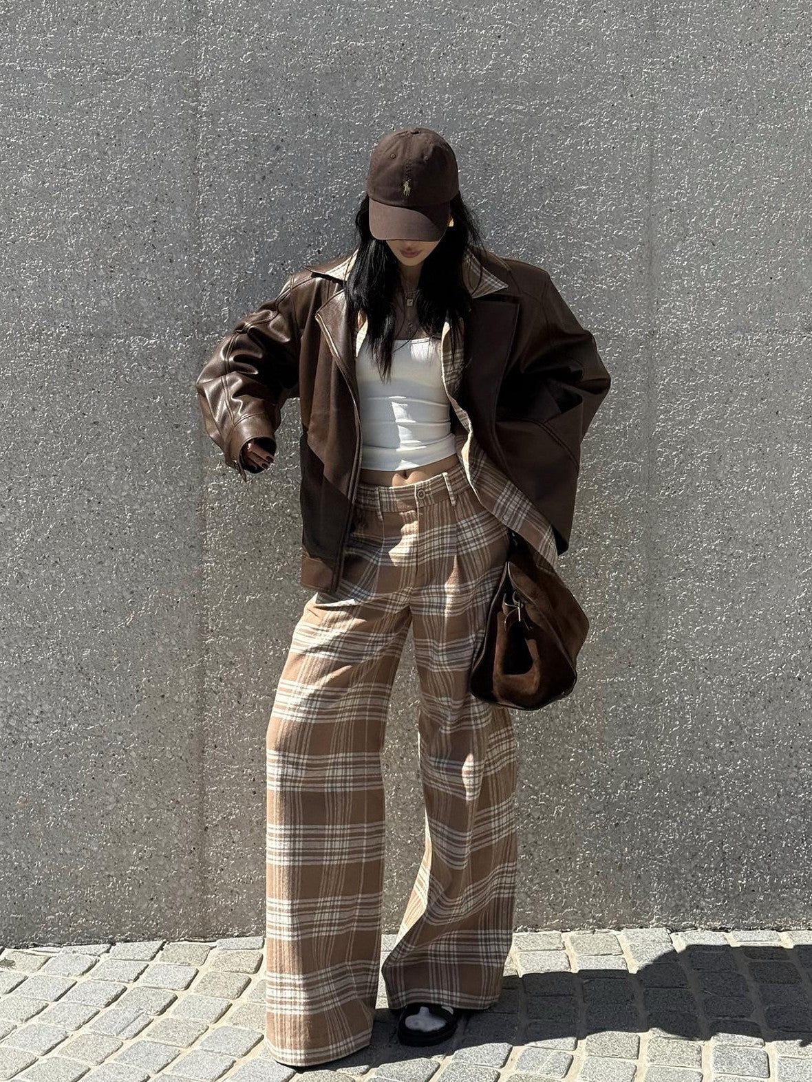 rovente Khaki Plaid Zip Fly Loose Natural Waist Women's Woven Cotton Wide-leg Pants