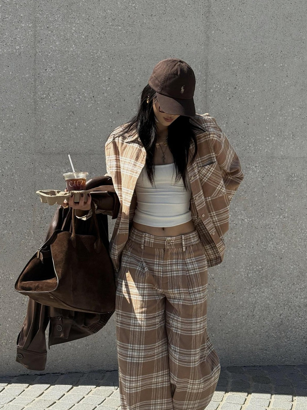 rovente Khaki Plaid Zip Fly Loose Natural Waist Women's Woven Cotton Wide-leg Pants