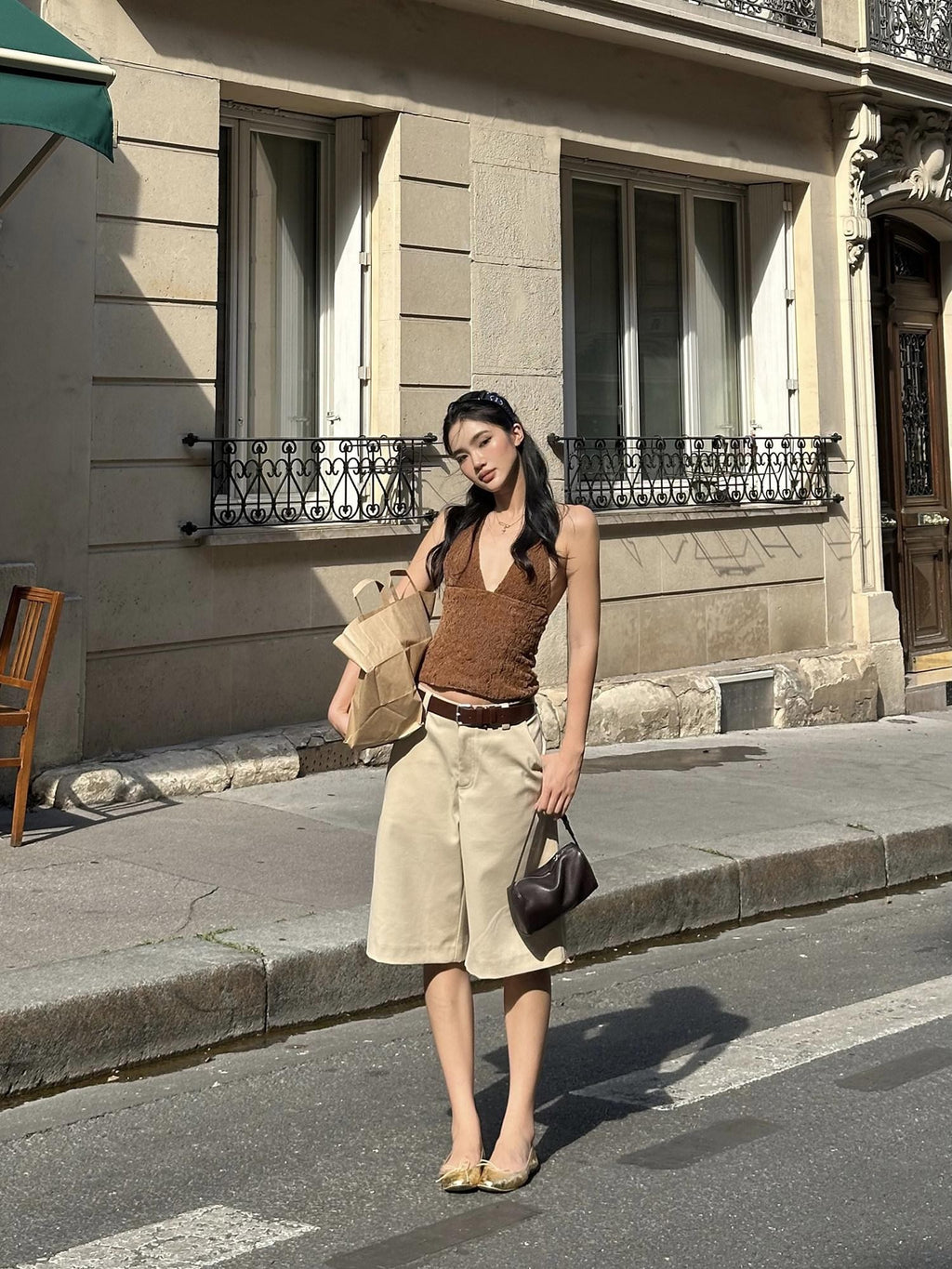 rovente Khaki Relaxed Straight Women's Polyester Viscose Wool Blend Bermuda Shorts