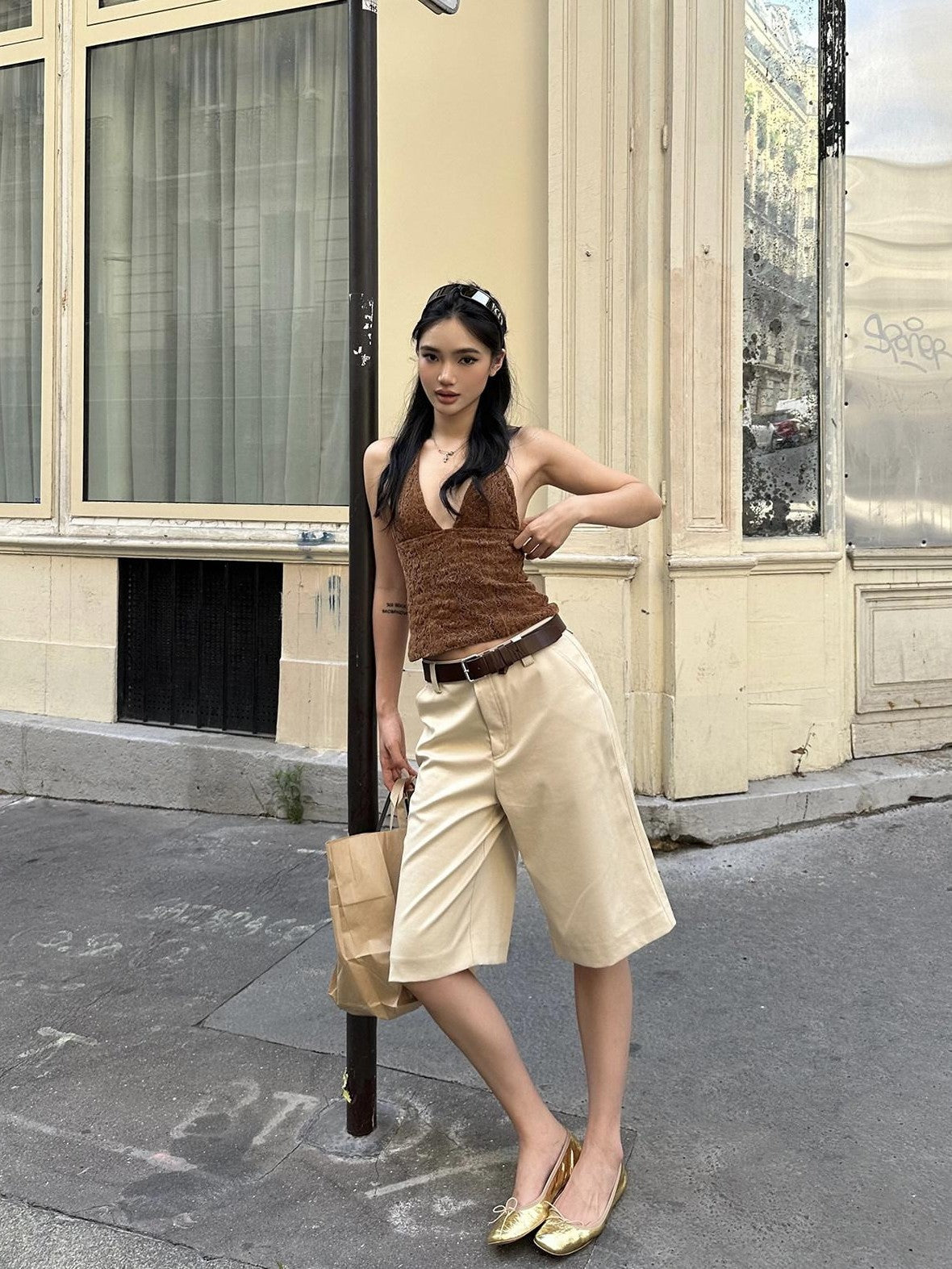 rovente Khaki Relaxed Straight Women's Polyester Viscose Wool Blend Bermuda Shorts