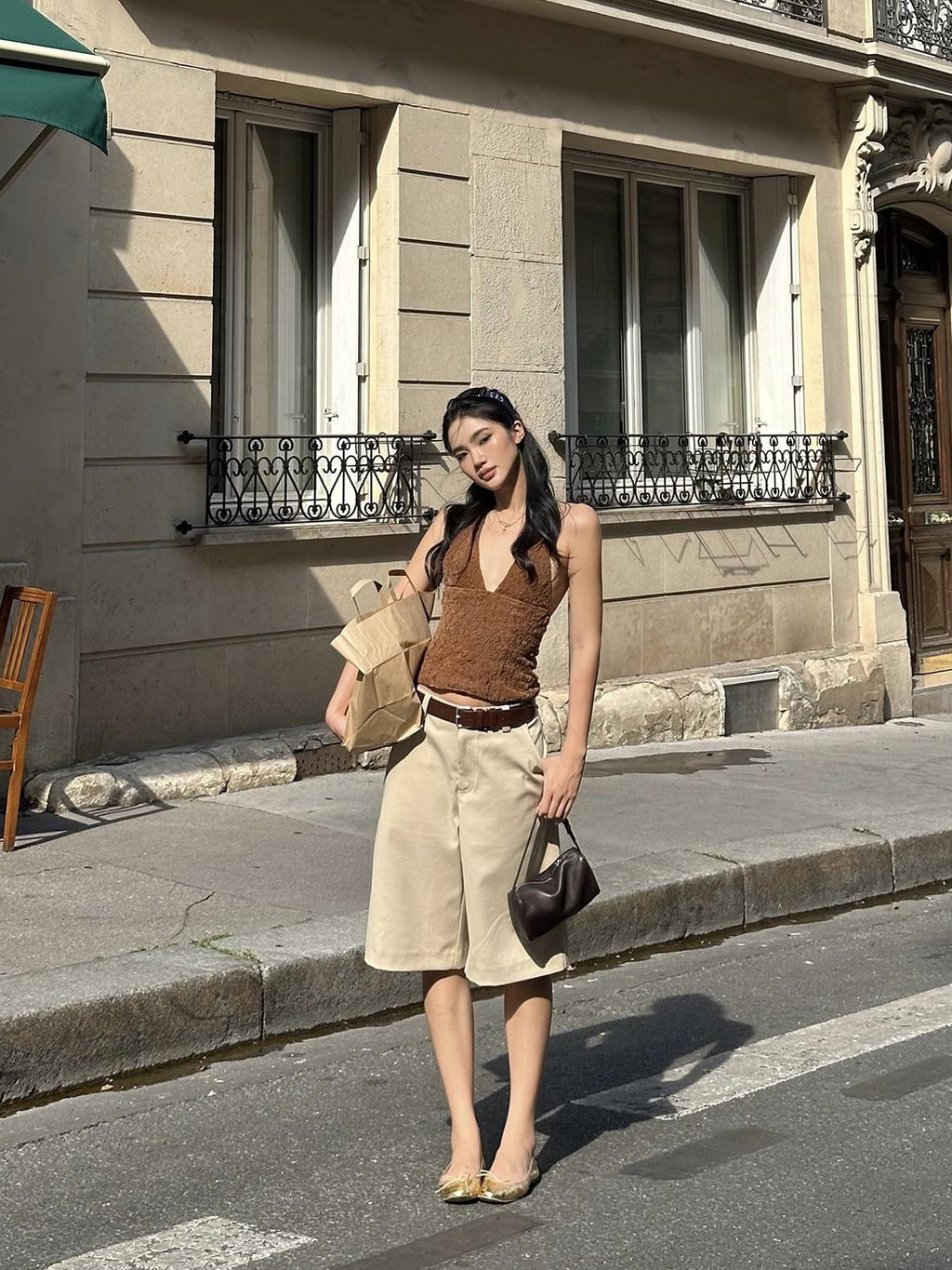 rovente Khaki Relaxed Straight Women's Polyester Viscose Wool Blend Bermuda Shorts