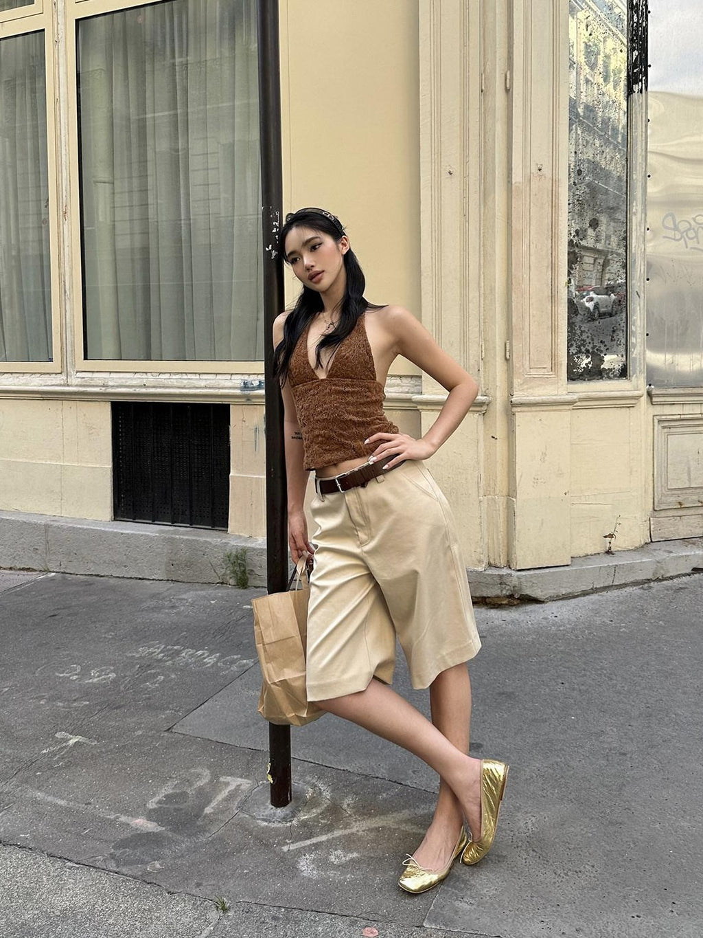 rovente Khaki Relaxed Straight Women's Polyester Viscose Wool Blend Bermuda Shorts
