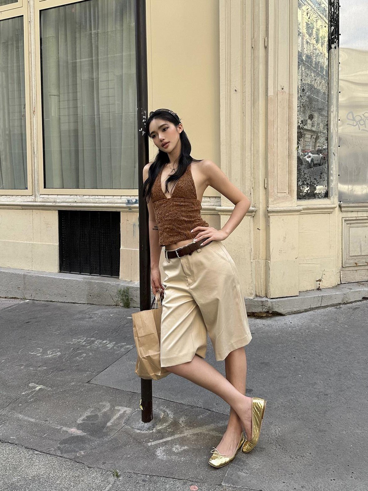 rovente Khaki Relaxed Straight Women's Polyester Viscose Wool Blend Bermuda Shorts