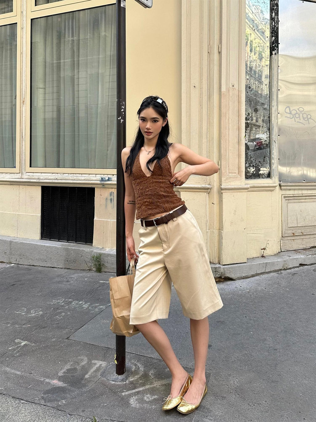 rovente Khaki Relaxed Straight Women's Polyester Viscose Wool Blend Bermuda Shorts