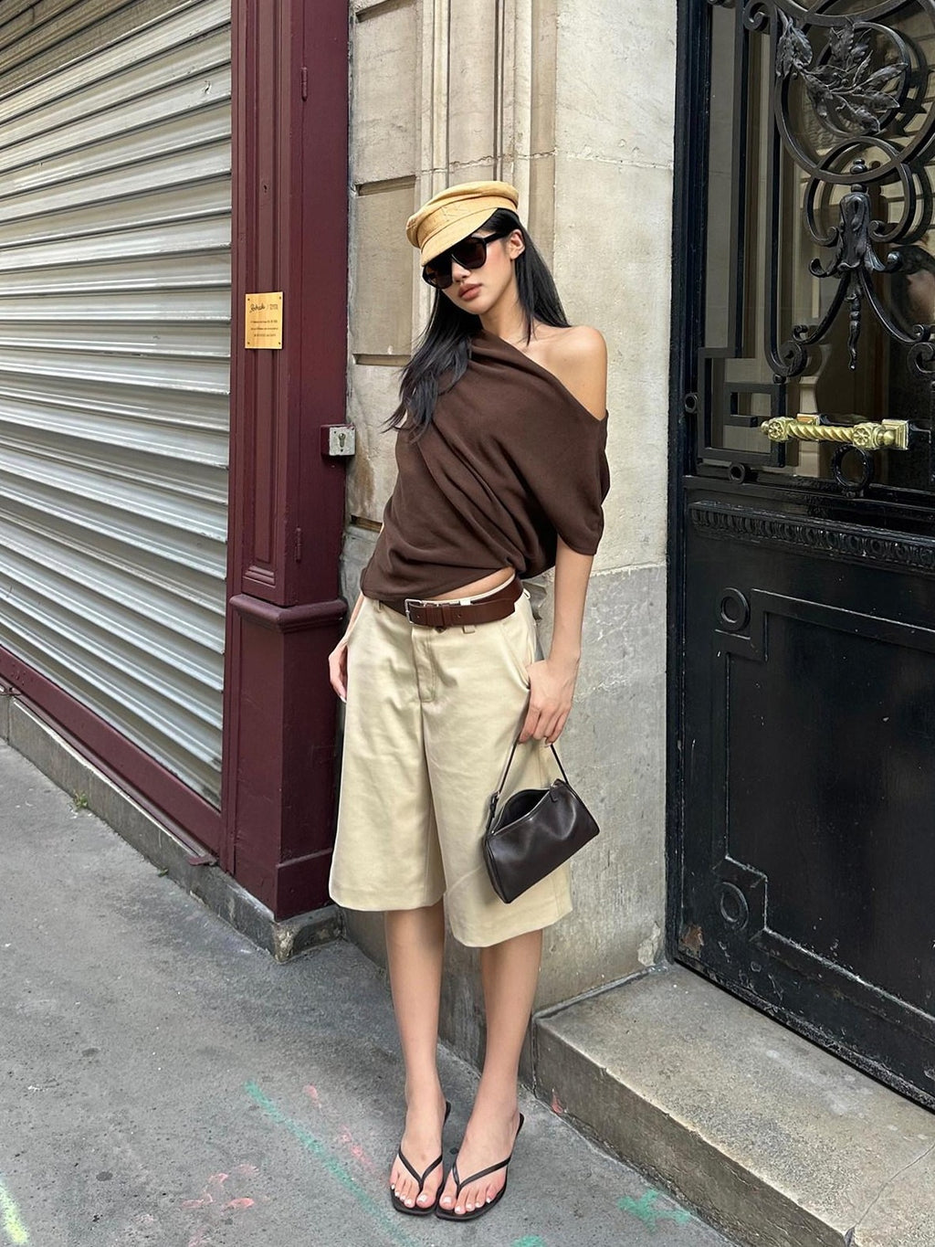 rovente Khaki Relaxed Straight Women's Polyester Viscose Wool Blend Bermuda Shorts