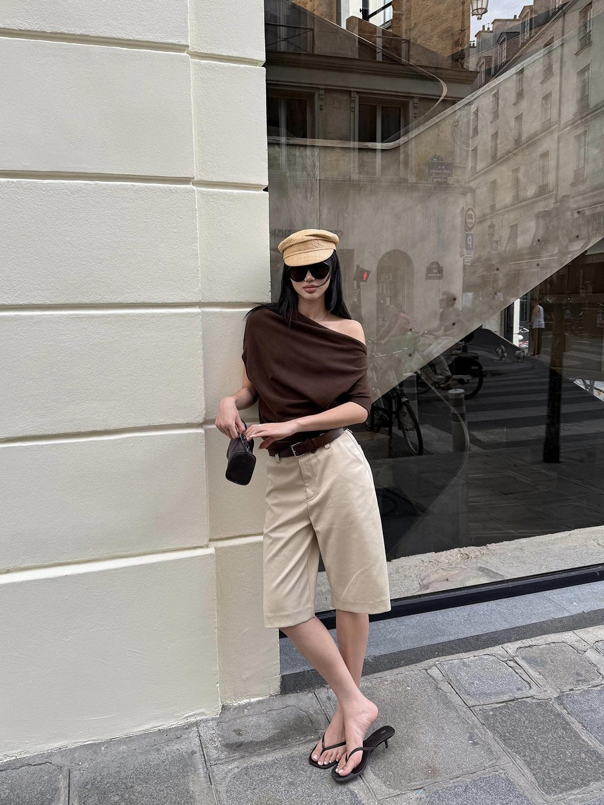rovente Khaki Relaxed Straight Women's Polyester Viscose Wool Blend Bermuda Shorts