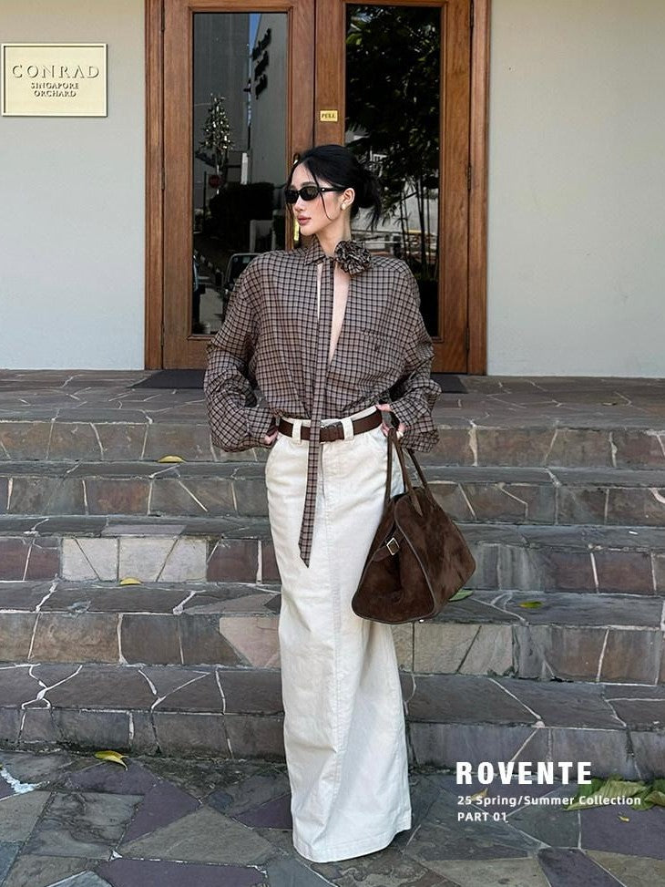 rovente Khaki Slit Straight Midwaist Woven Women's Cotton Maxi Skirts